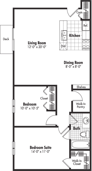 Floor plan for 2 beds, 1 bath, 862 sqft